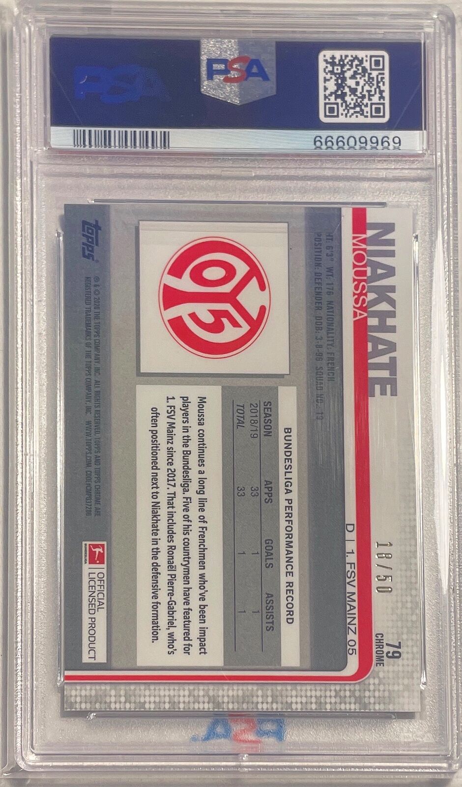 MOUSSA NIAKHATE 2019-20 TOPPS CHROME BUNDESLIGA GOLD REFRACTOR /50 PSA 10 POP 2