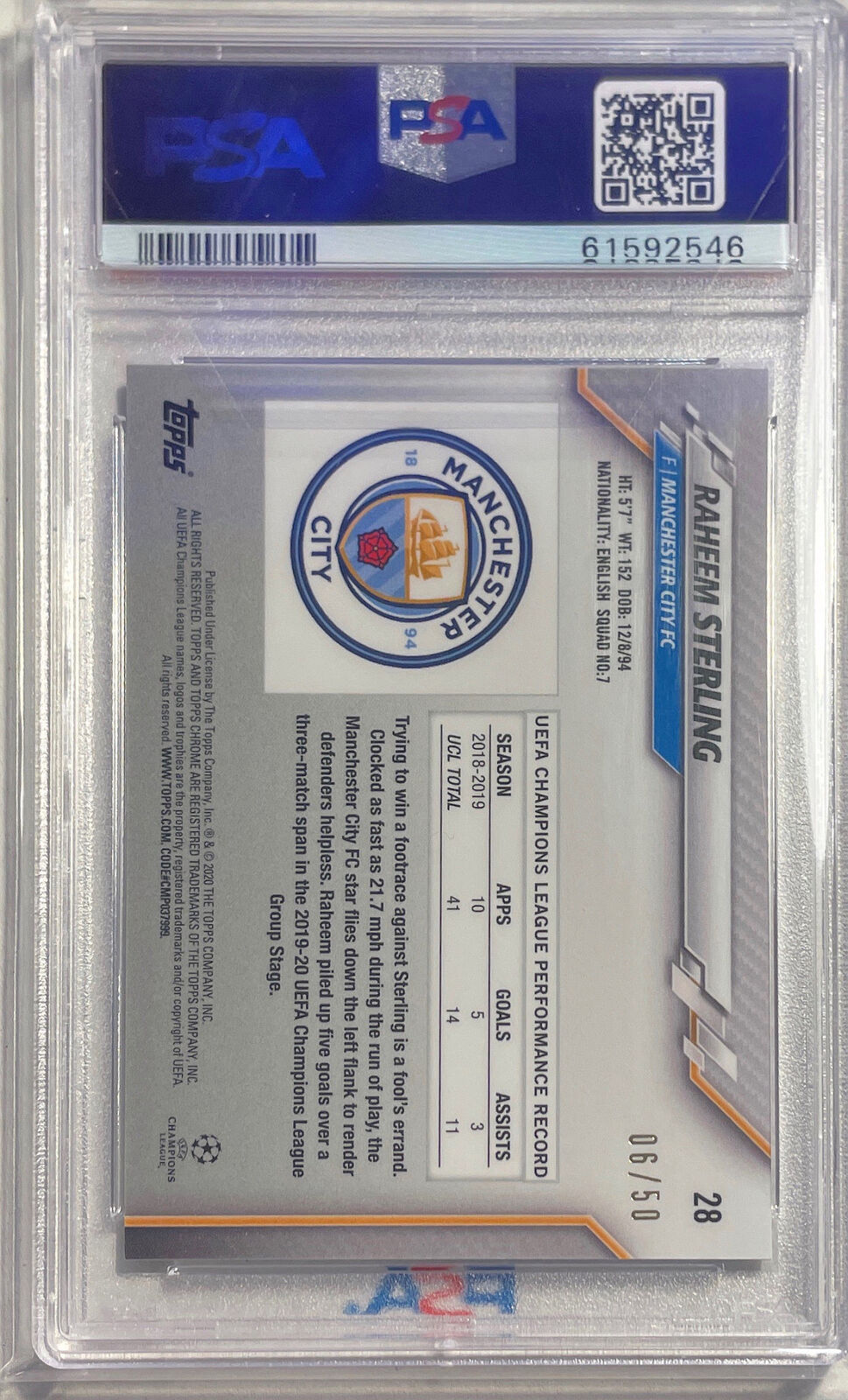 RAHEEM STERLING 2019-20 TOPPS CHROME UCL GOLD REFRACTOR #D 06/50 PSA 10 POP 5