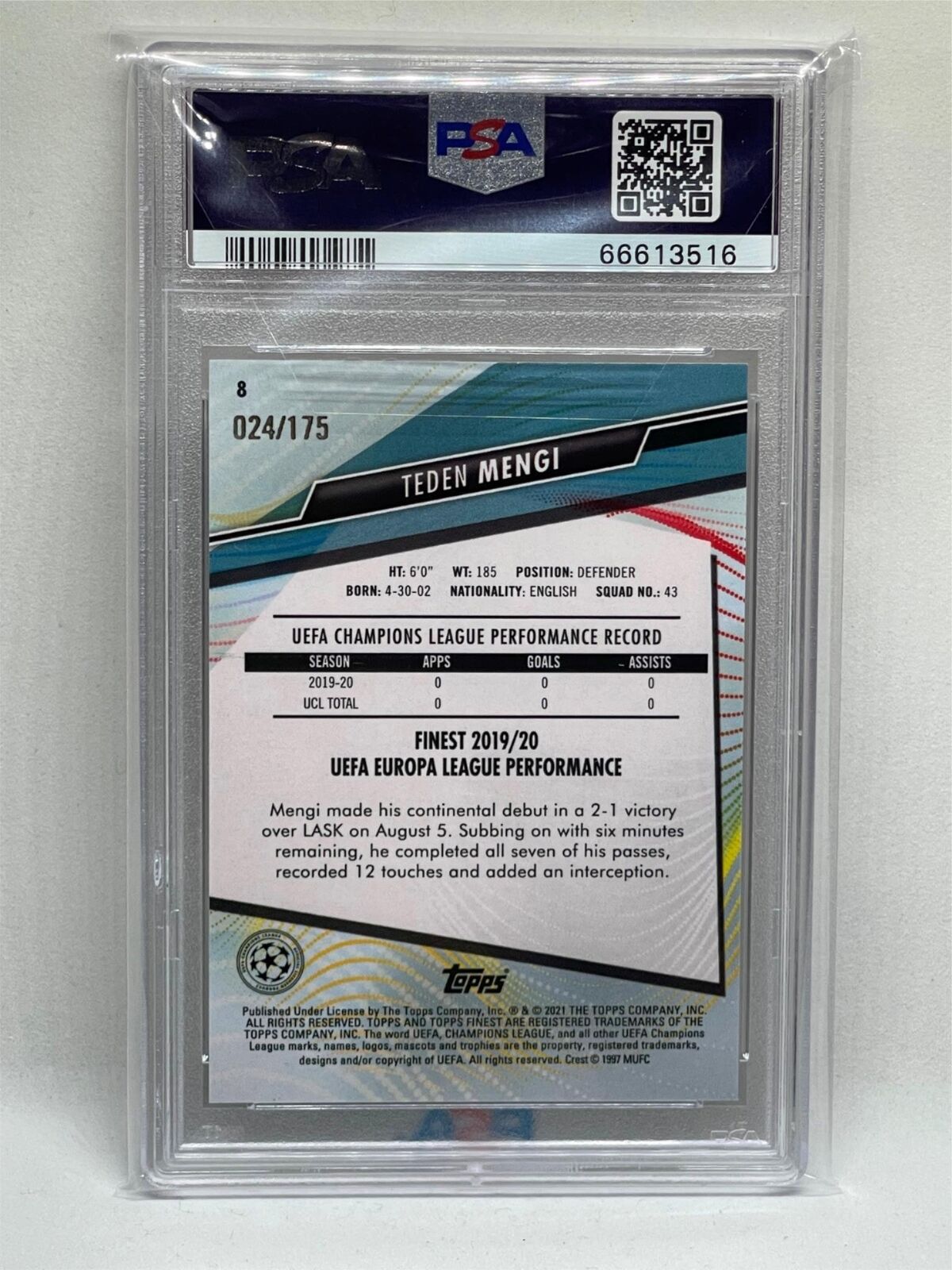 TEDEN MENGI 2020 TOPPS FINEST UCL SPECKLE REFRACTOR ROOKIE RC /175 PSA 9 POP 2