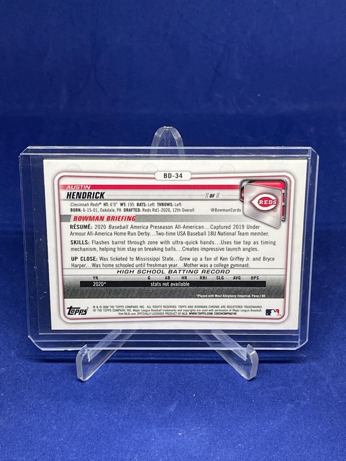 AUSTIN HENDRICK 2020 BOWMAN CHROME 1ST BOWMAN SPARKLE REFRACTOR PROSPECT