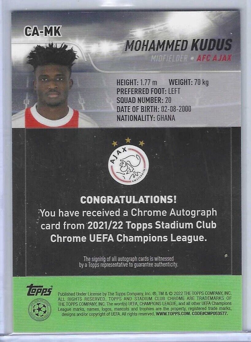MOHAMMED KUDUS 2021-22 TOPPS STADIUM CLUB CHROME REFRACTOR AUTO #CA-MK