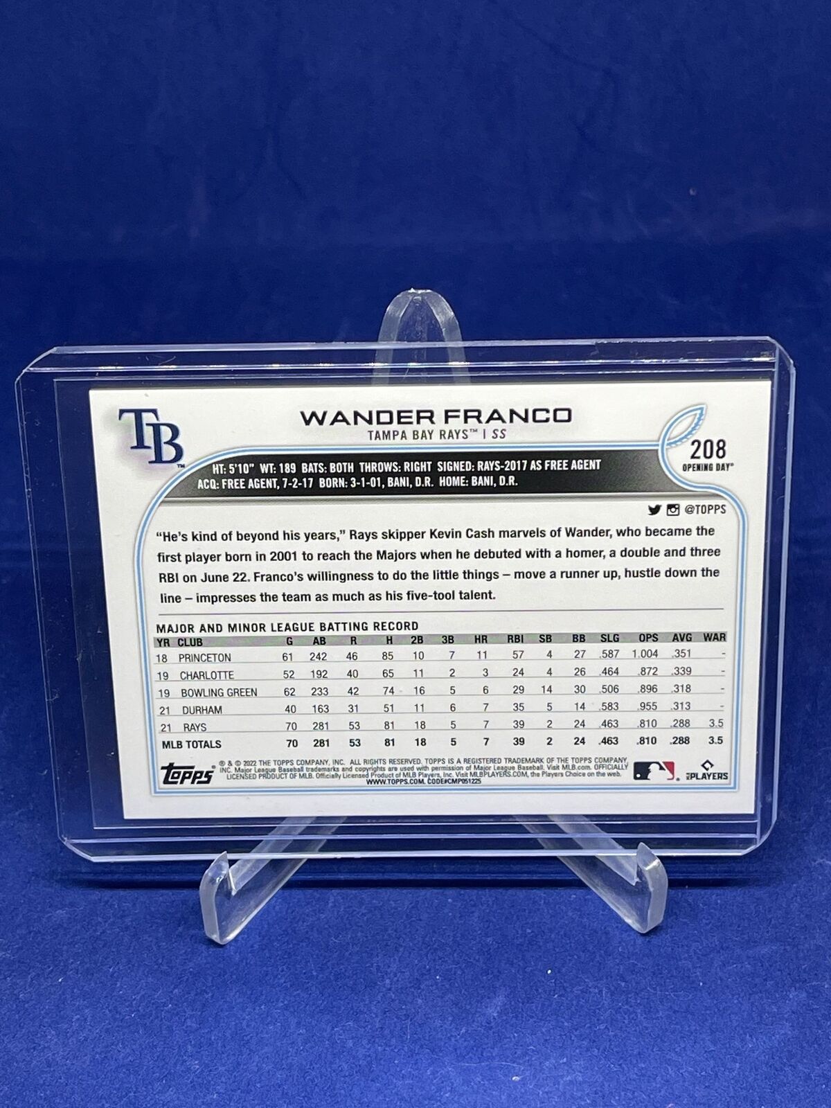 WANDER FRANCO 2022 TOPPS OPENING DAY ROOKIE RC #208