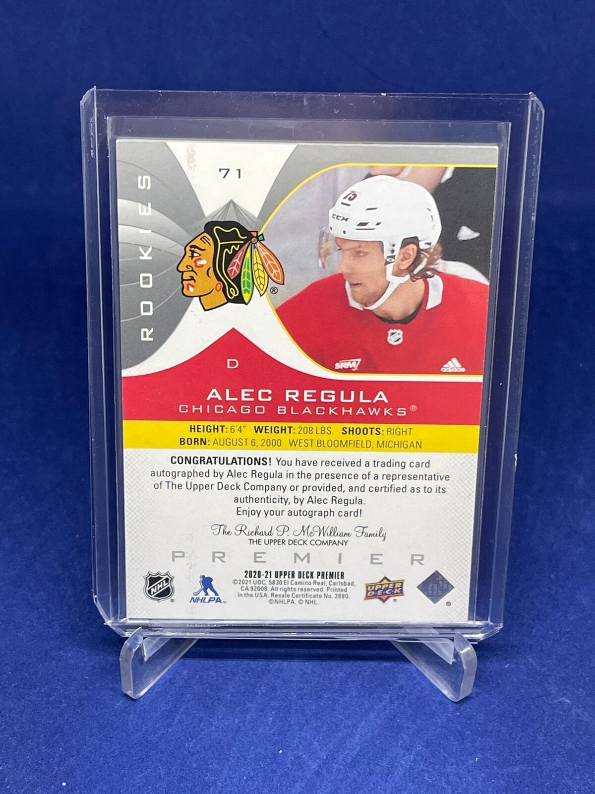 ALEC REGULA 2020-21 UPPER DECK PREMIER ROOKIE ON CARD AUTO RC #71