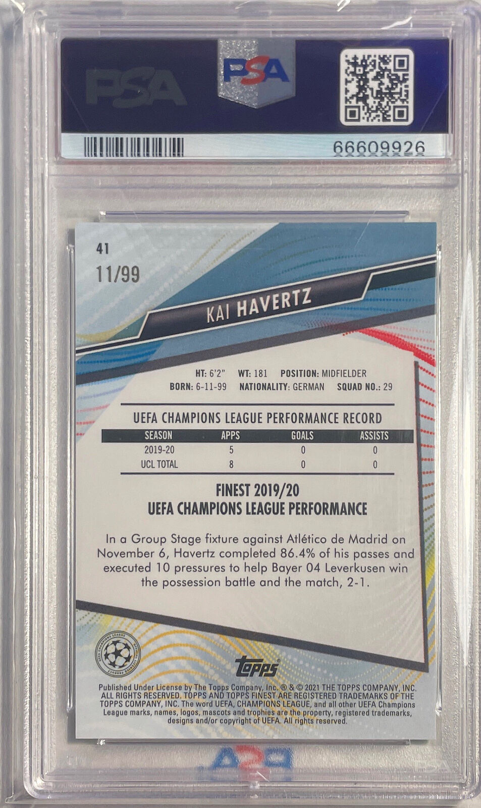 KAI HAVERTZ 2020-21 FINEST UCL NEON GREEN REFRACTOR #D /99 PSA 10 GEM POP 1/1