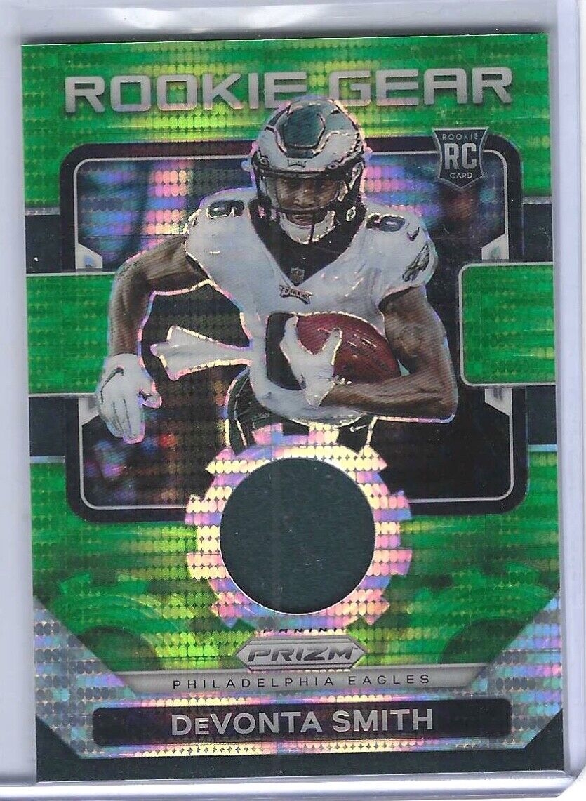 DEVONTA SMITH 2021 PANINI PRIZM GREEN PULSAR PRIZM ROOKIE GEAR JERSEY PATCH RC