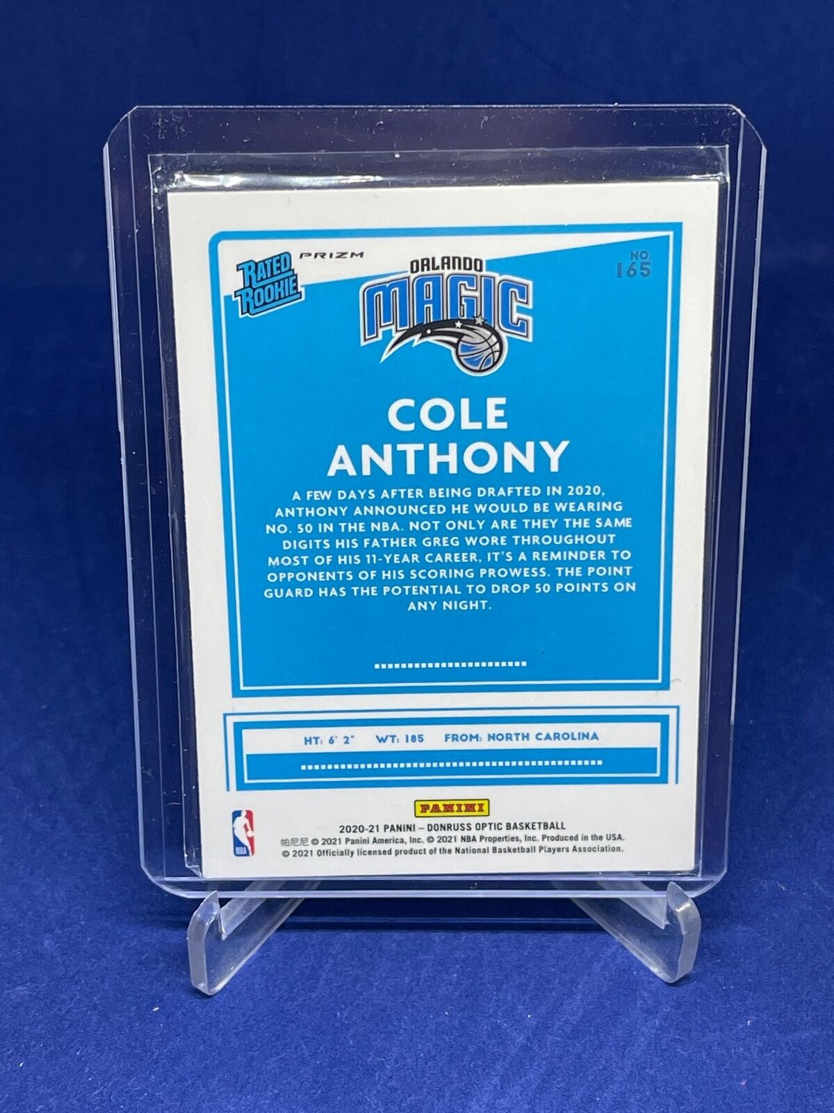 COLE ANTHONY 2020-21 PANINI OPTIC RATED ROOKIE PURPLE PULSAR PRIZM RC #165