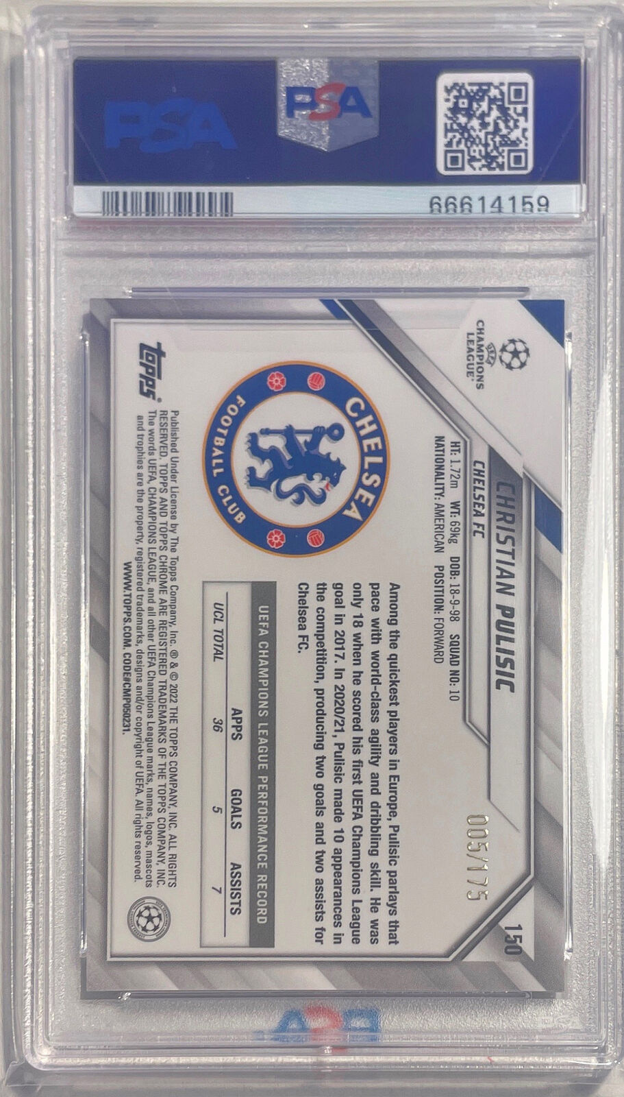 CHRISTIAN PULISIC 2021-22 TOPPS CHROME UCL PINK REFRACTOR #D 5/175 PSA 10 POP 2