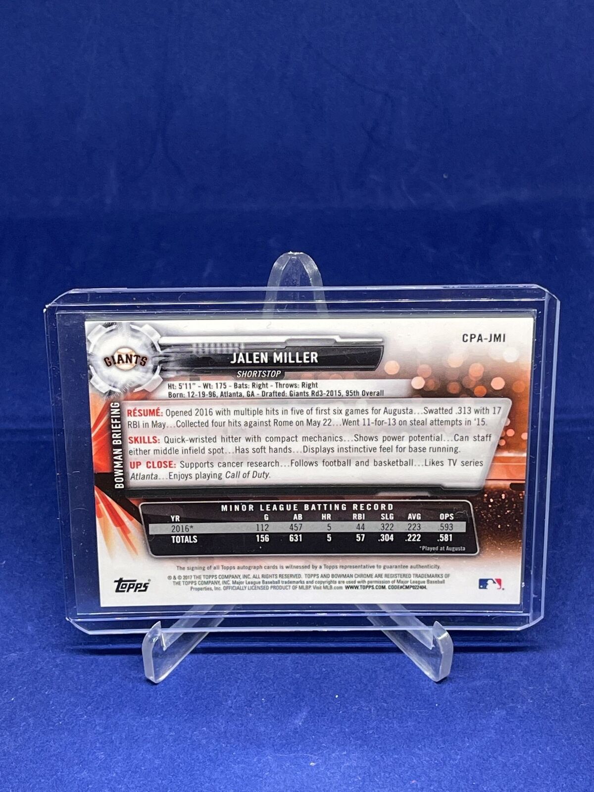 JALEN MILLER 2017 BOWMAN CHROME ON CARD AUTO PROSPECT