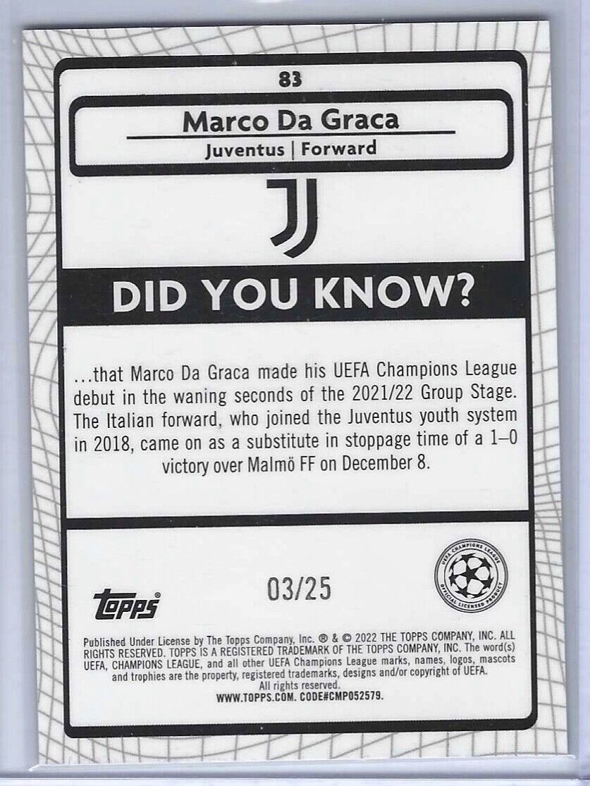 MARCO DA GRACA 2021-22 TOPPS MERLIN ORANGE REFRACTOR ROOKIE RC #D 03/25