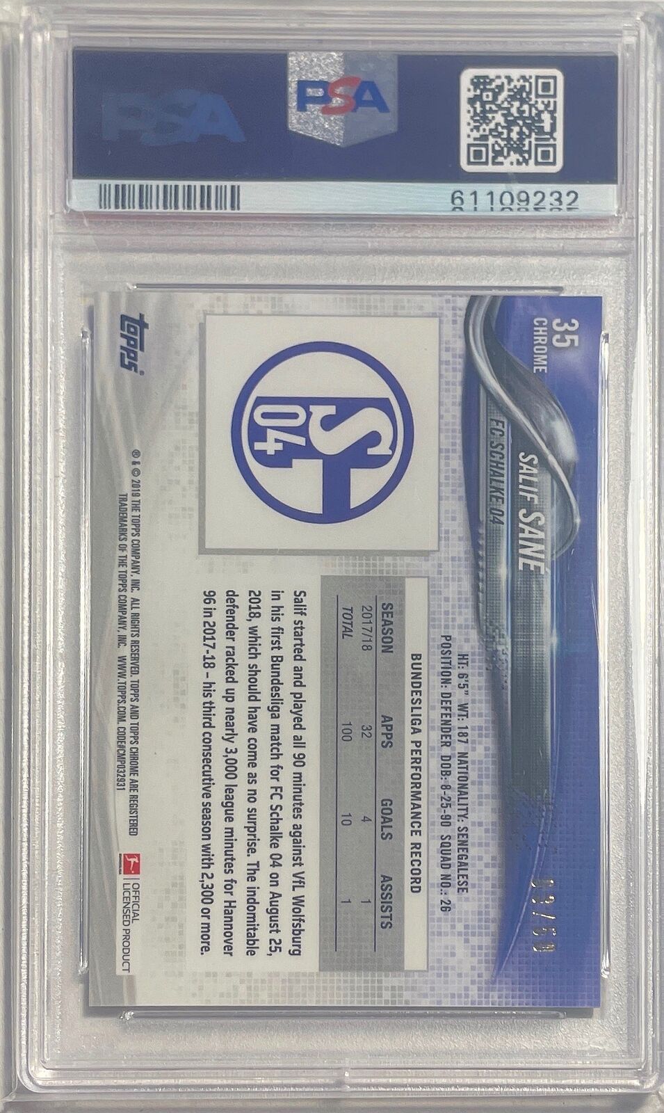 SALIF SANE 2018-19 TOPPS CHROME BUNDESLIGA GOLD REFRACTOR #D 3/50 PSA 10 POP 1/1