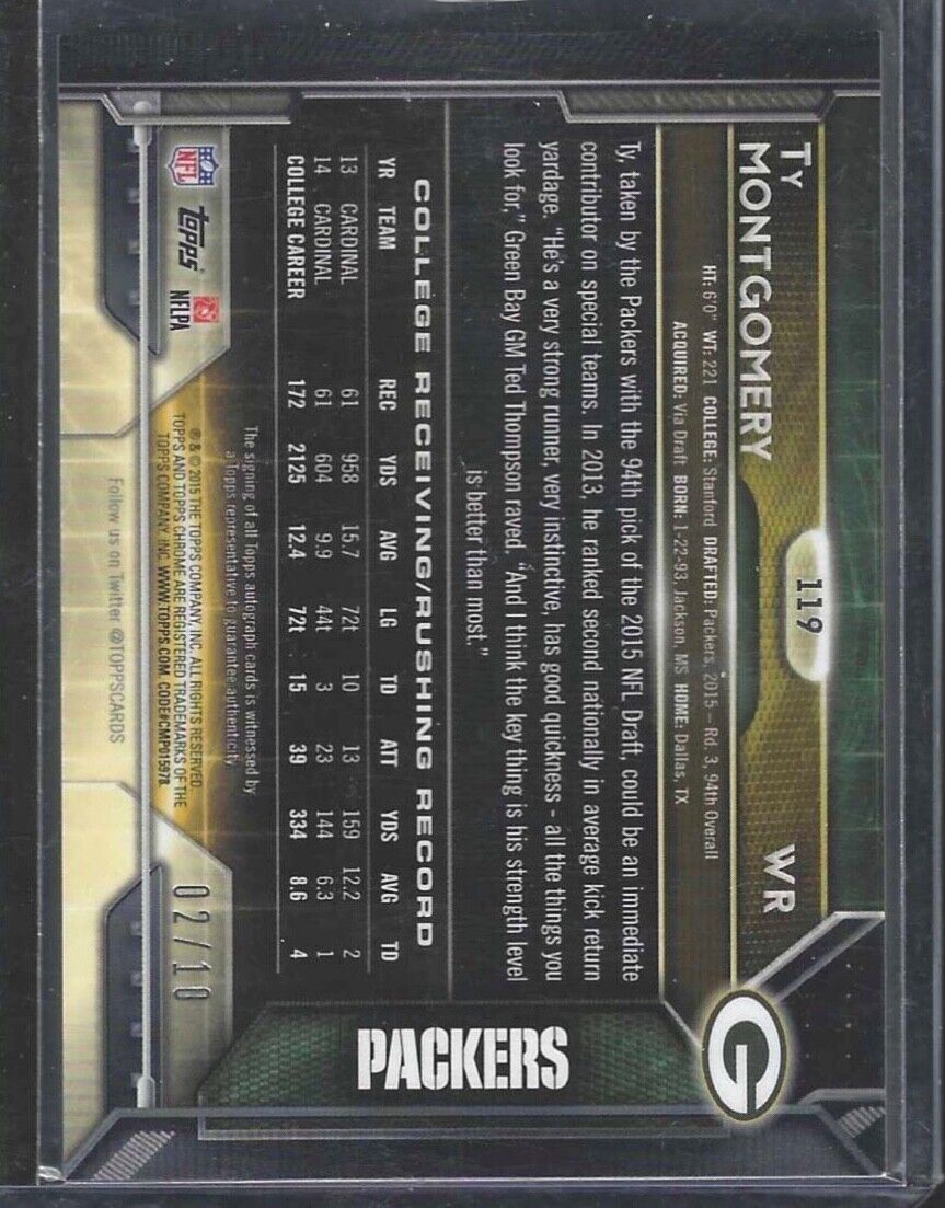 TY MONTGOMERY 2015 TOPPS CHROME GOLD REFRACTOR ROOKIE ON CARD AUTO RC #D 02/10