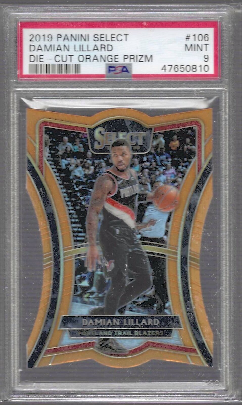 DAMIAN LILLARD 2019 PANINI SELECT PREMIER LEVEL DIE-CUT ORANGE PRIZM /65 PSA 9