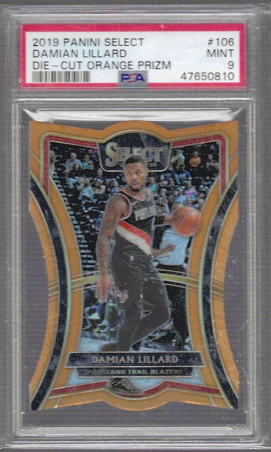 DAMIAN LILLARD 2019 PANINI SELECT PREMIER LEVEL DIE-CUT ORANGE PRIZM /65 PSA 9