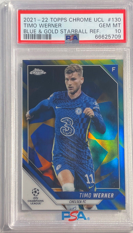 TIMO WERNER 2021-22 TOPPS CHROME BLUE GOLD STARBALL REFRACTOR /75 PSA 10 POP 1/1