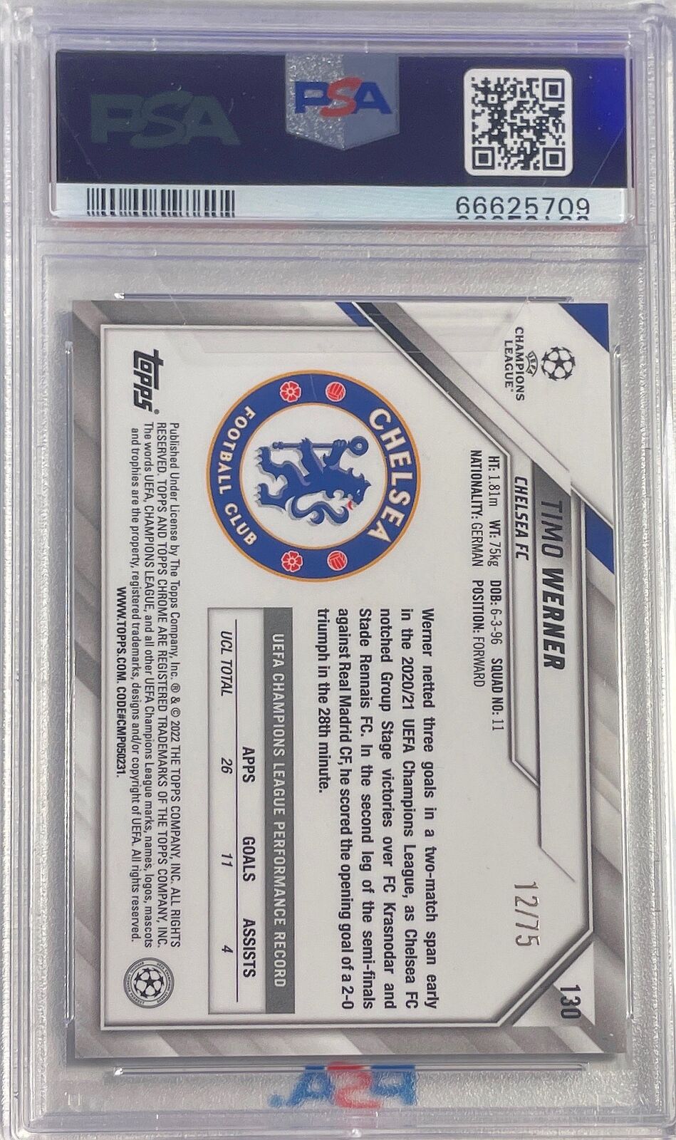 TIMO WERNER 2021-22 TOPPS CHROME BLUE GOLD STARBALL REFRACTOR /75 PSA 10 POP 1/1
