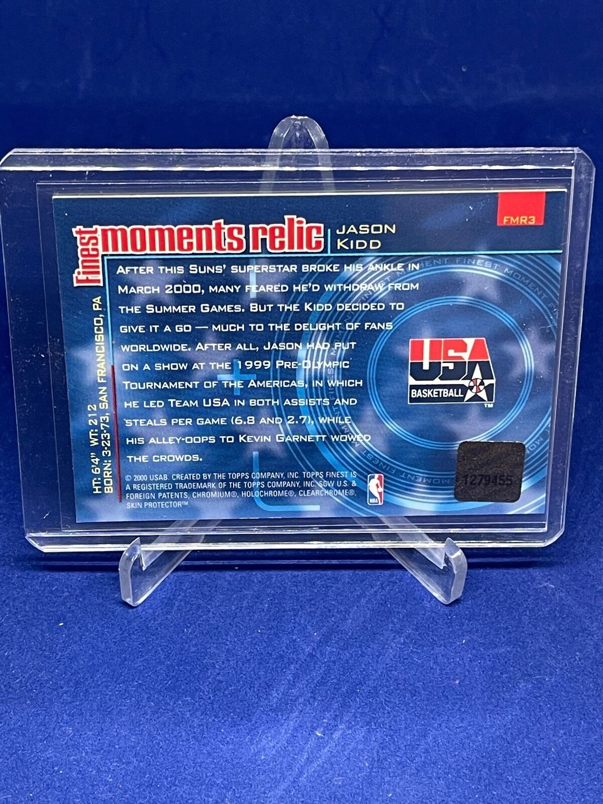JASON KIDD 2000-01 TOPPS FINEST MOMENTS RELIC GAME USED USA JERSEY CARD