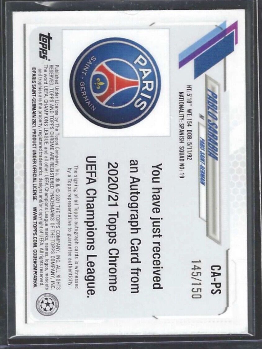 PABLO SARABIA 2020-21 TOPPS CHROME UEFA BLUE REFRACTOR AUTO #D 145/150