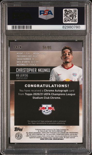 CHRISTOPHER NKUNKU 2020 STADIUM CLUB CHROME CHROME GREEN REF AUTO RC /99 PSA 10