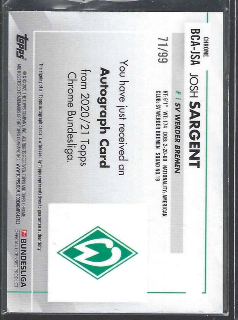JOSH SARGENT 2020-21 TOPPS CHROME BUNDESLIGA GREEN REFRACTOR AUTO #D 71/99