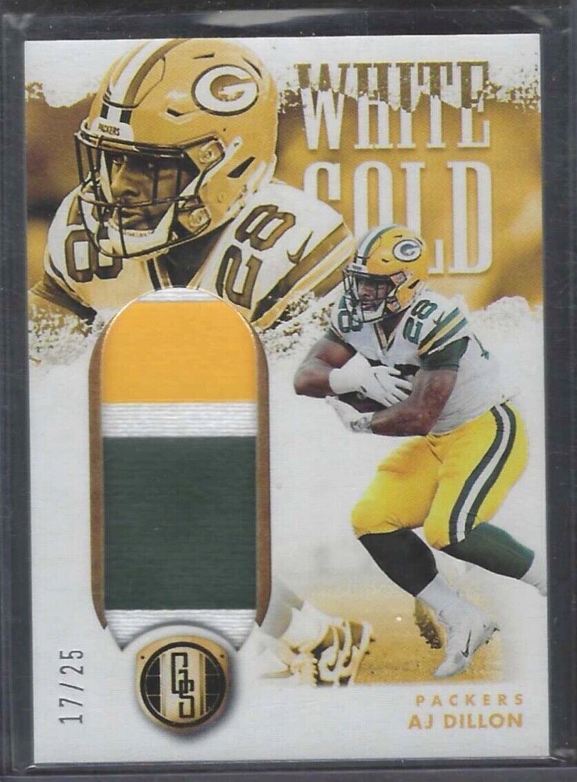 AJ DILLON 2022 PANINI GOLD STANDARD WHITE GOLD 3 COLOR PACKERS PATCH #D 17/25