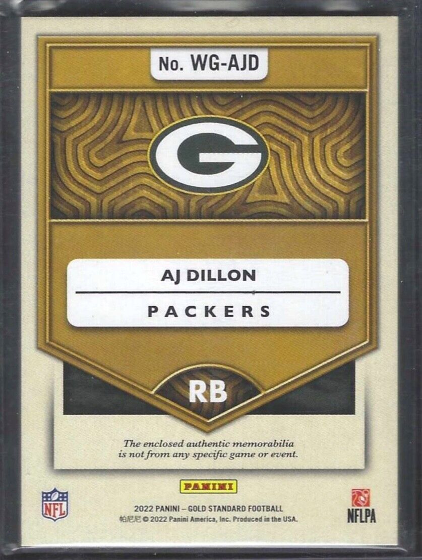 AJ DILLON 2022 PANINI GOLD STANDARD WHITE GOLD 3 COLOR PACKERS PATCH #D 17/25