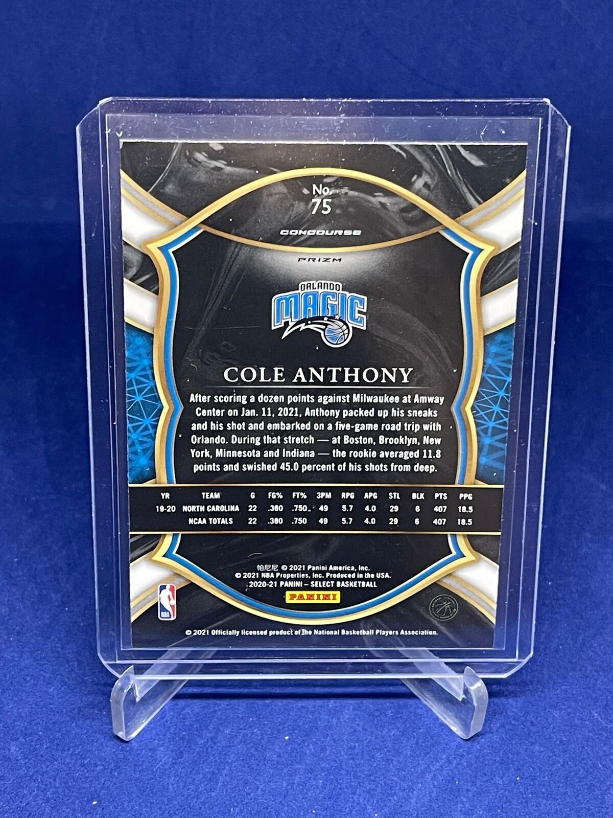 COLE ANTHONY 2020-21 PANINI SELECT CONCOURSE TRI-COLOR PRIZM ROOKIE RC #75