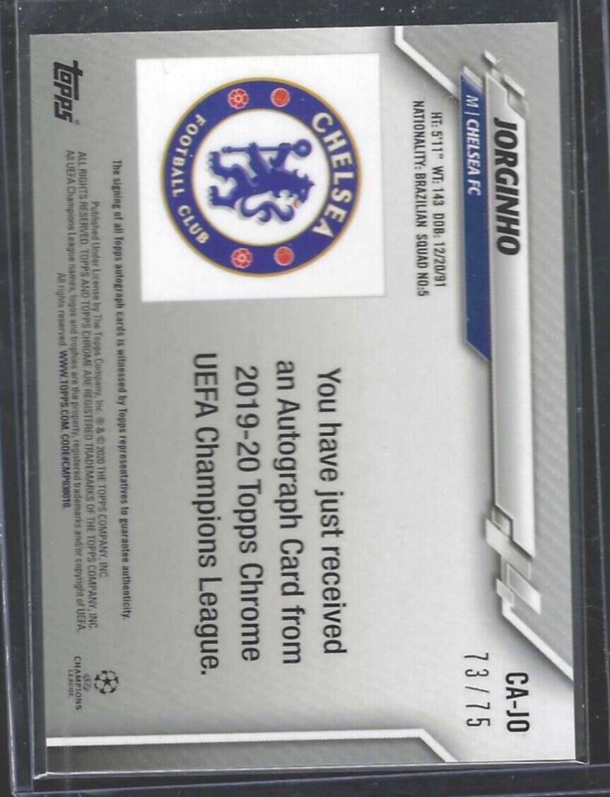 JORGINHO 2019-20 TOPPS CHROME UEFA BLUE WAVE REFRACTOR AUTO #D 73/75