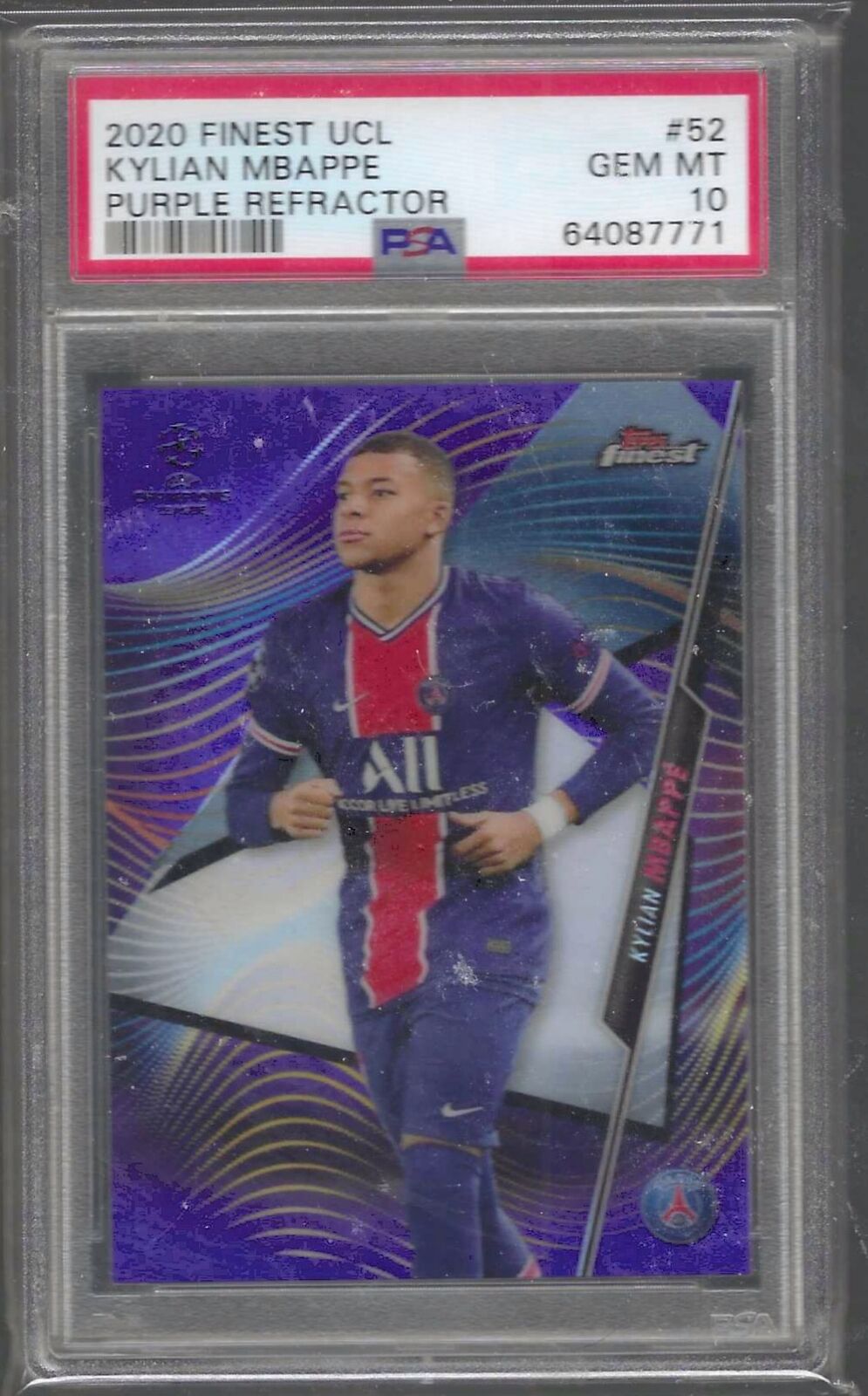 KYLIAN MBAPPE 2020-21 TOPPS FINEST UCL PURPLE REFRACTOR /250 PSA 10 GEM POP 2