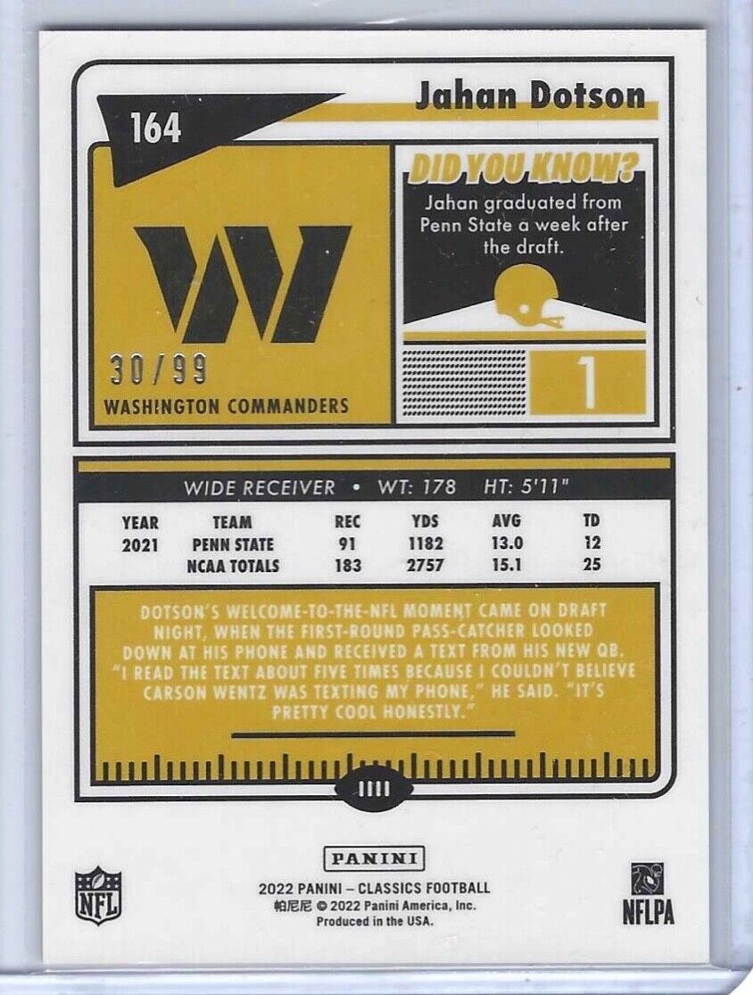 JAHAN DOTSON 2022 CLASSICS YELLOW HYPER TIMELESS TRIBUTES PRIZM RC #D 30/99
