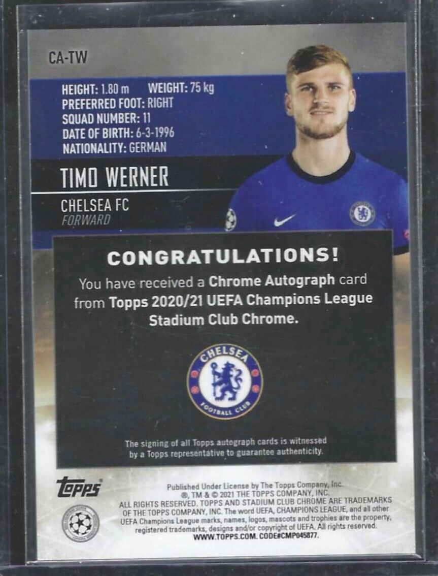 TIMO WERNER 2020-21 TOPPS STADIUM CLUB CHROME SILVER REFRACTOR AUTO #CA-TW