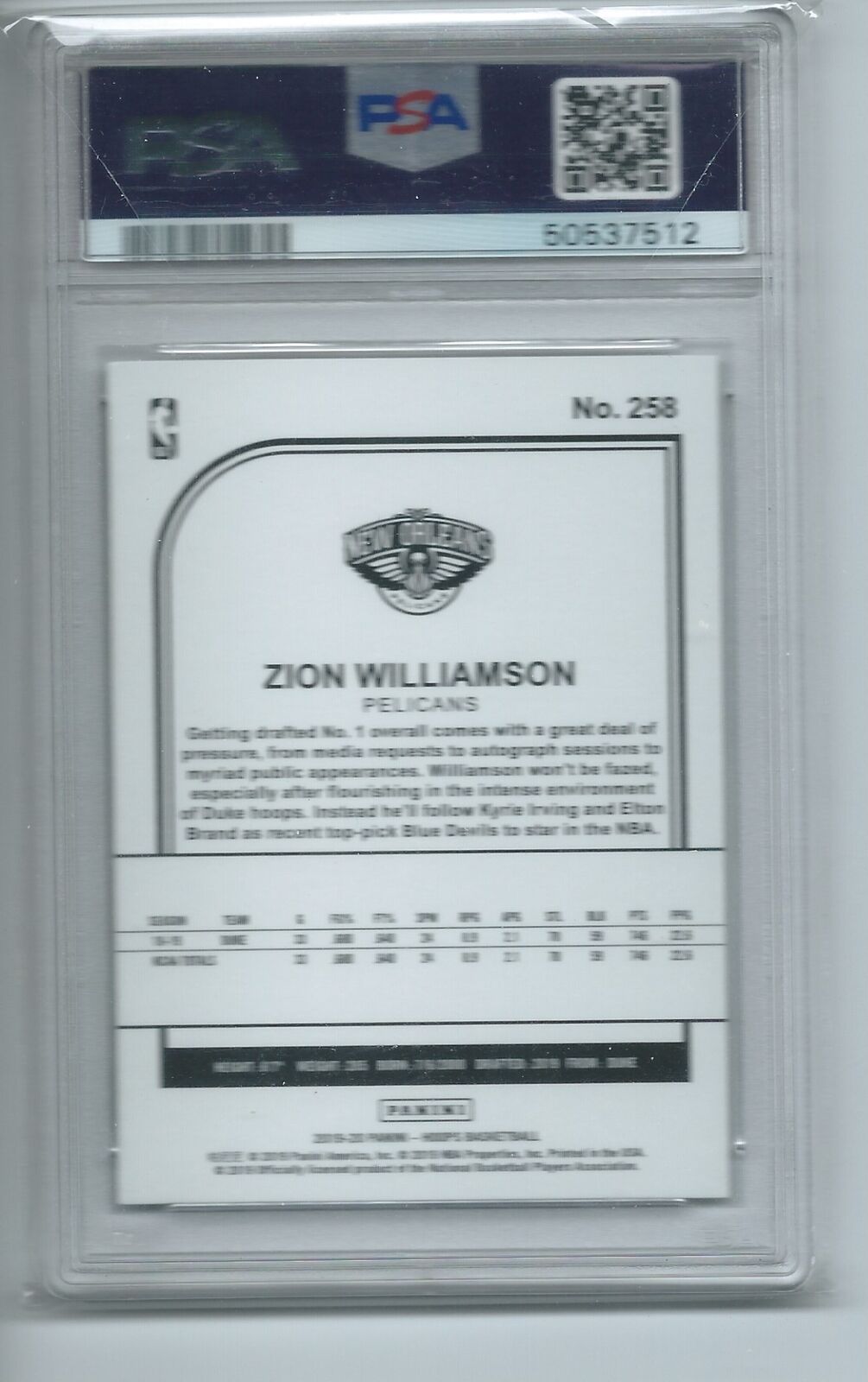 ZION WILLIAMSON 2019-20 PANINI NBA HOOPS RC #258 PSA 10 GEM MINT