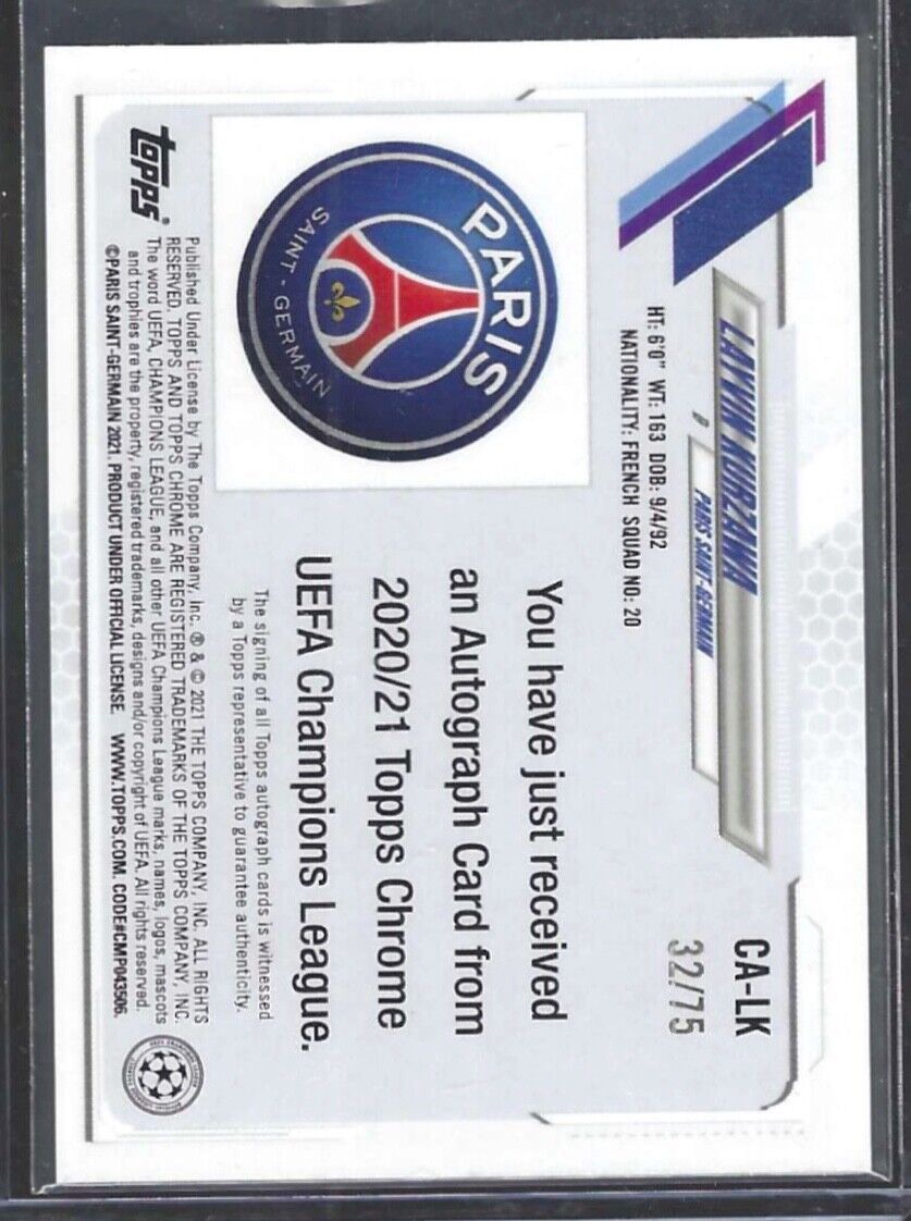 LAYVIN KURZAWA 2020-21 TOPPS CHROME UEFA BLUE WAVE REFRACTOR AUTO #D 32/75