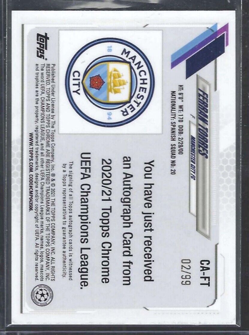 FERRAN TORRES 2020-21 TOPPS CHROME UEFA GREEN REFRACTOR AUTO #D 02/99