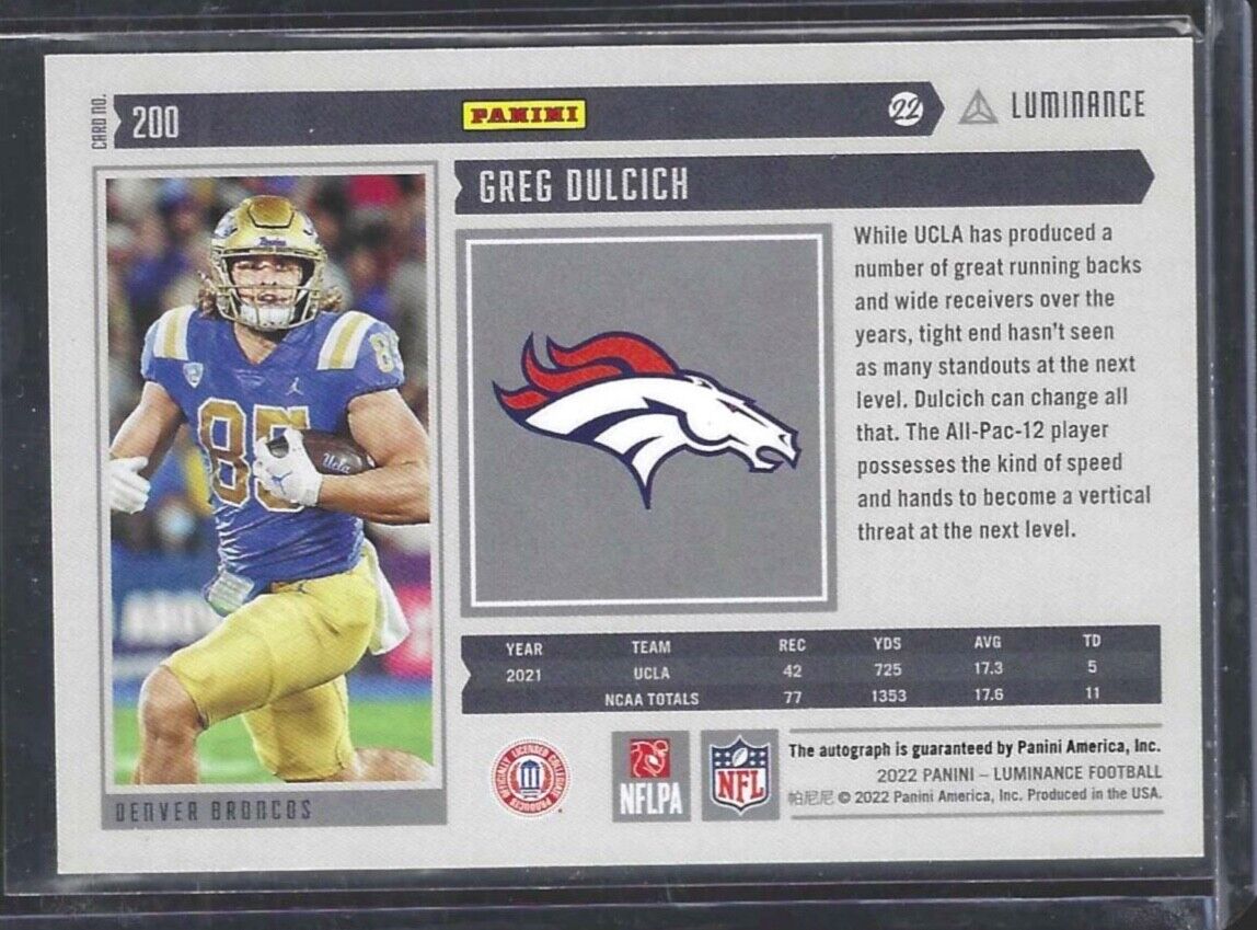 GREG DULCICH 2022 PANINI LUMINANCE SILVER FOIL ROOKIE AUTO RC #D 051/349