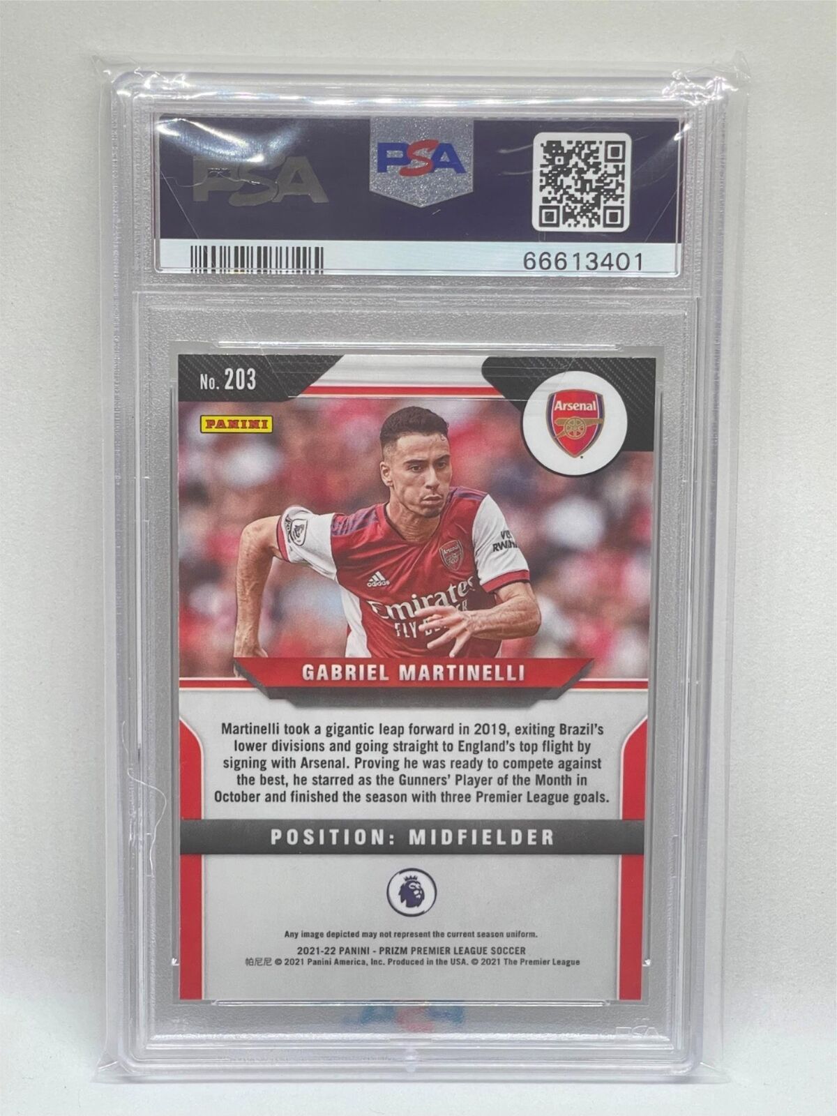 GABRIEL MARTINELLI 2021 PANINI PRIZM PREMIER LEAGUE #203 ROOKIE RC PSA 10 GEM MT