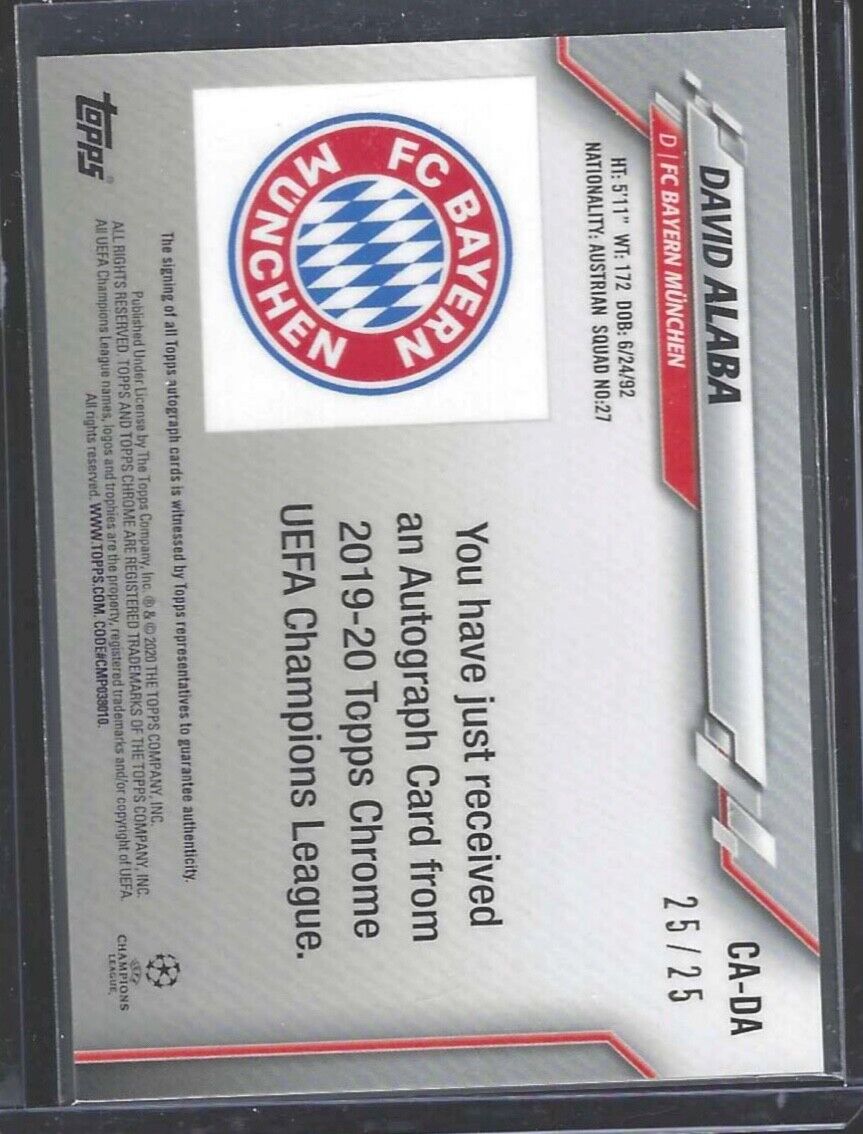 DAVID ALABA 2019-20 TOPPS CHROME UEFA ORANGE REFRACTOR AUTO #D 25/25