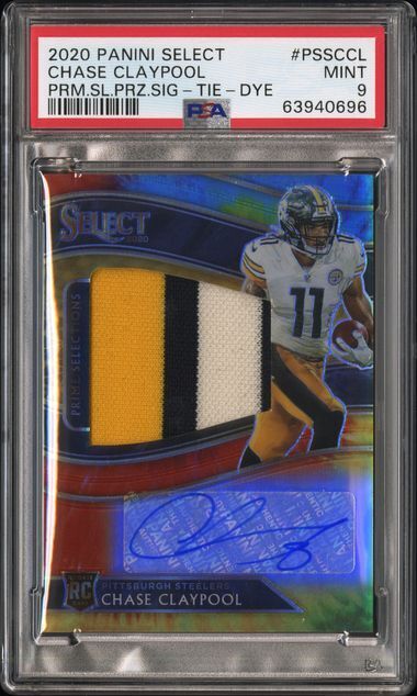 CHASE CLAYPOOL 2020 PANINI SELECT PATCH TIE DYE PRIZM AUTO RC /25 PSA 9 POP 1/1
