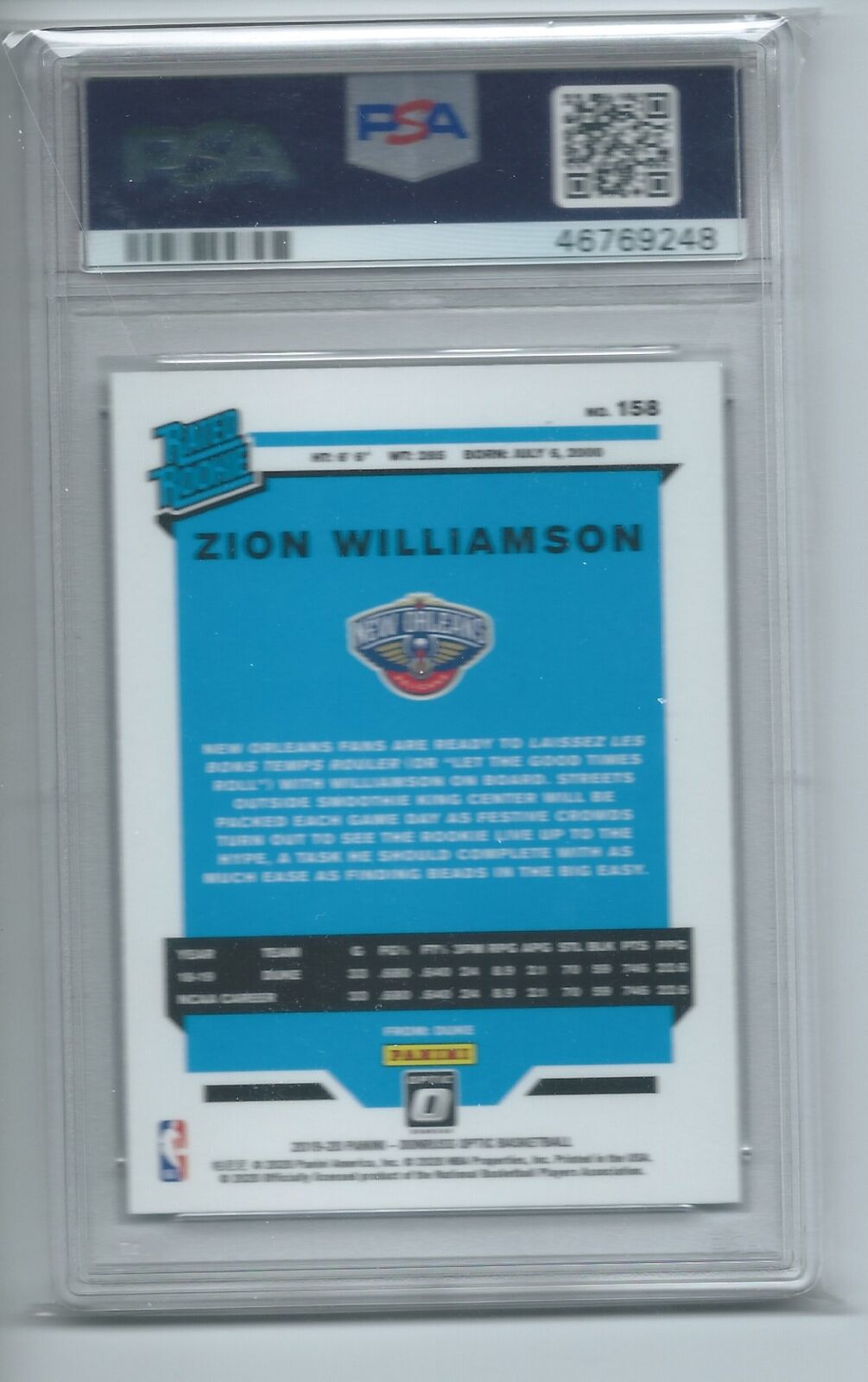 ZION WILLIAMSON 2019-20 PANINI DONRUSS OPTIC RATED ROOKIE RC #158 PSA 9 MINT