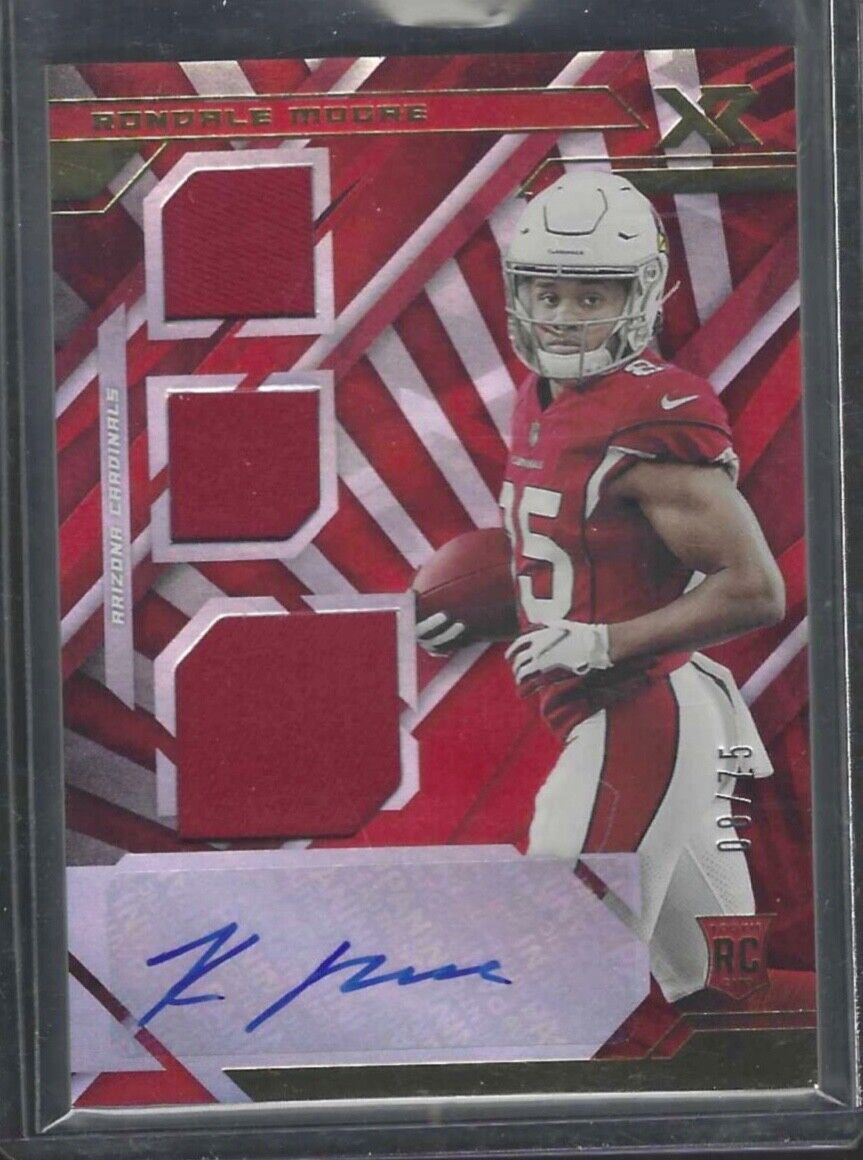 RONDALE MOORE 2021 PANINI XR RED FOIL ROOKIE TRIPLE JERSEY AUTO RC #D 08/75