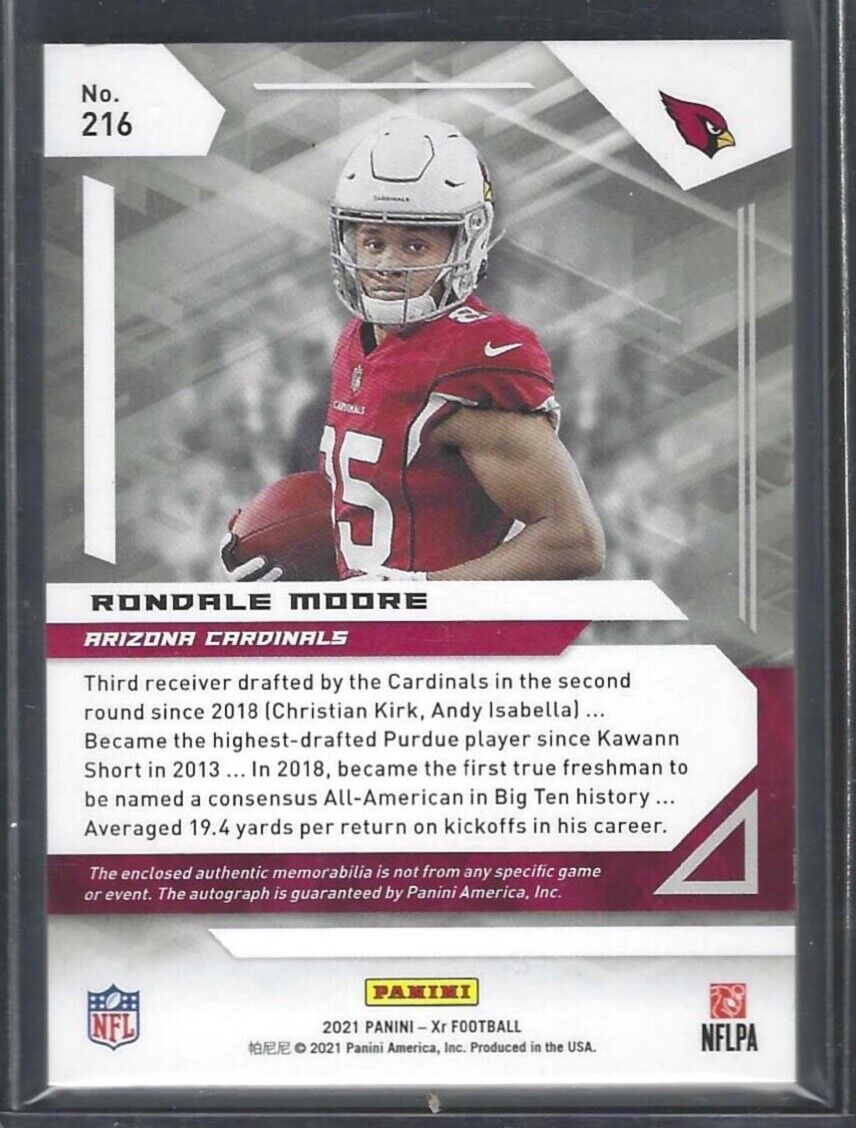 RONDALE MOORE 2021 PANINI XR RED FOIL ROOKIE TRIPLE JERSEY AUTO RC #D 08/75