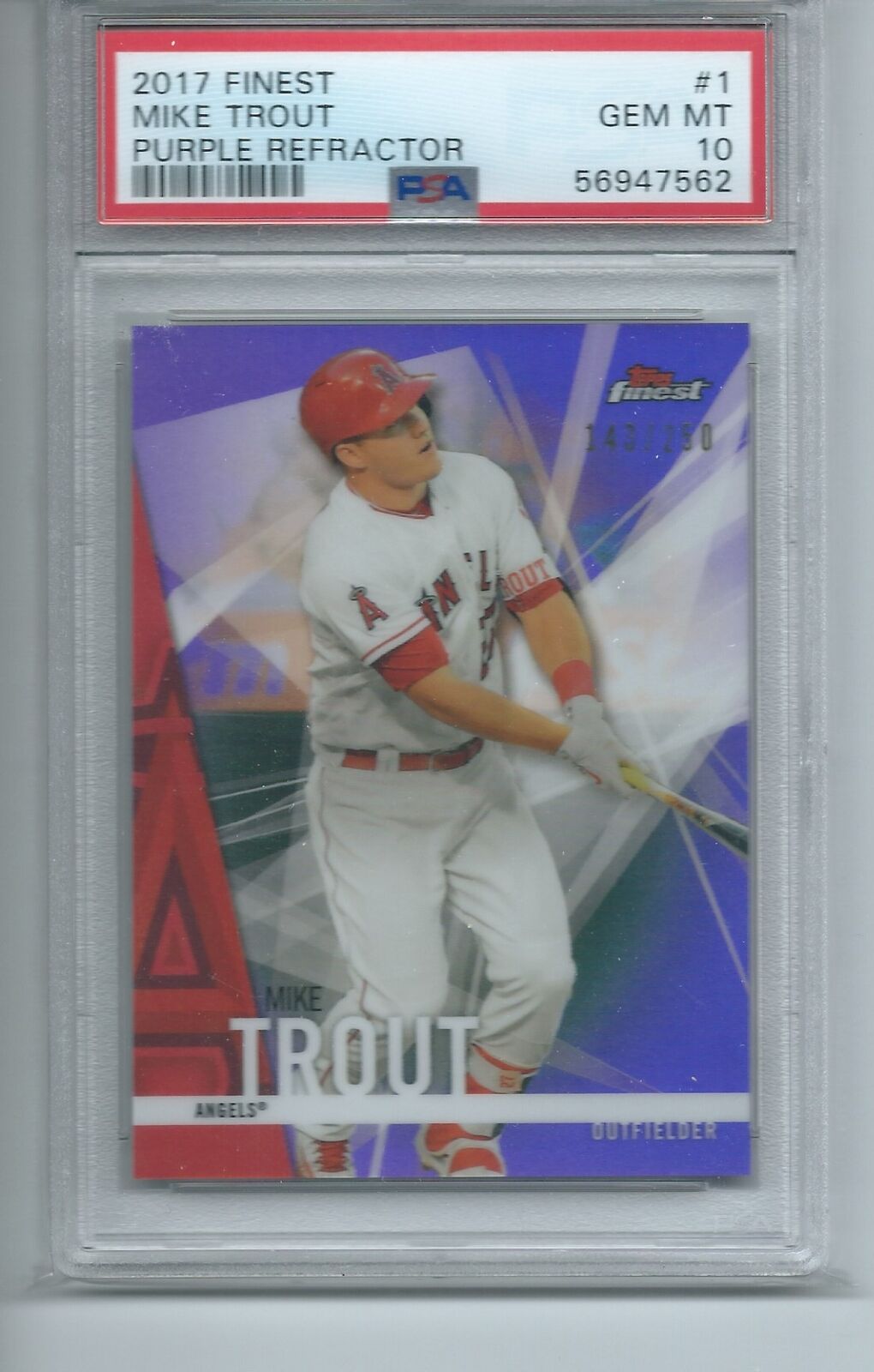 MIKE TROUT 2017 TOPPS FINEST PURPLE REFRACTOR #D 143/250 PSA 10 GEM MINT