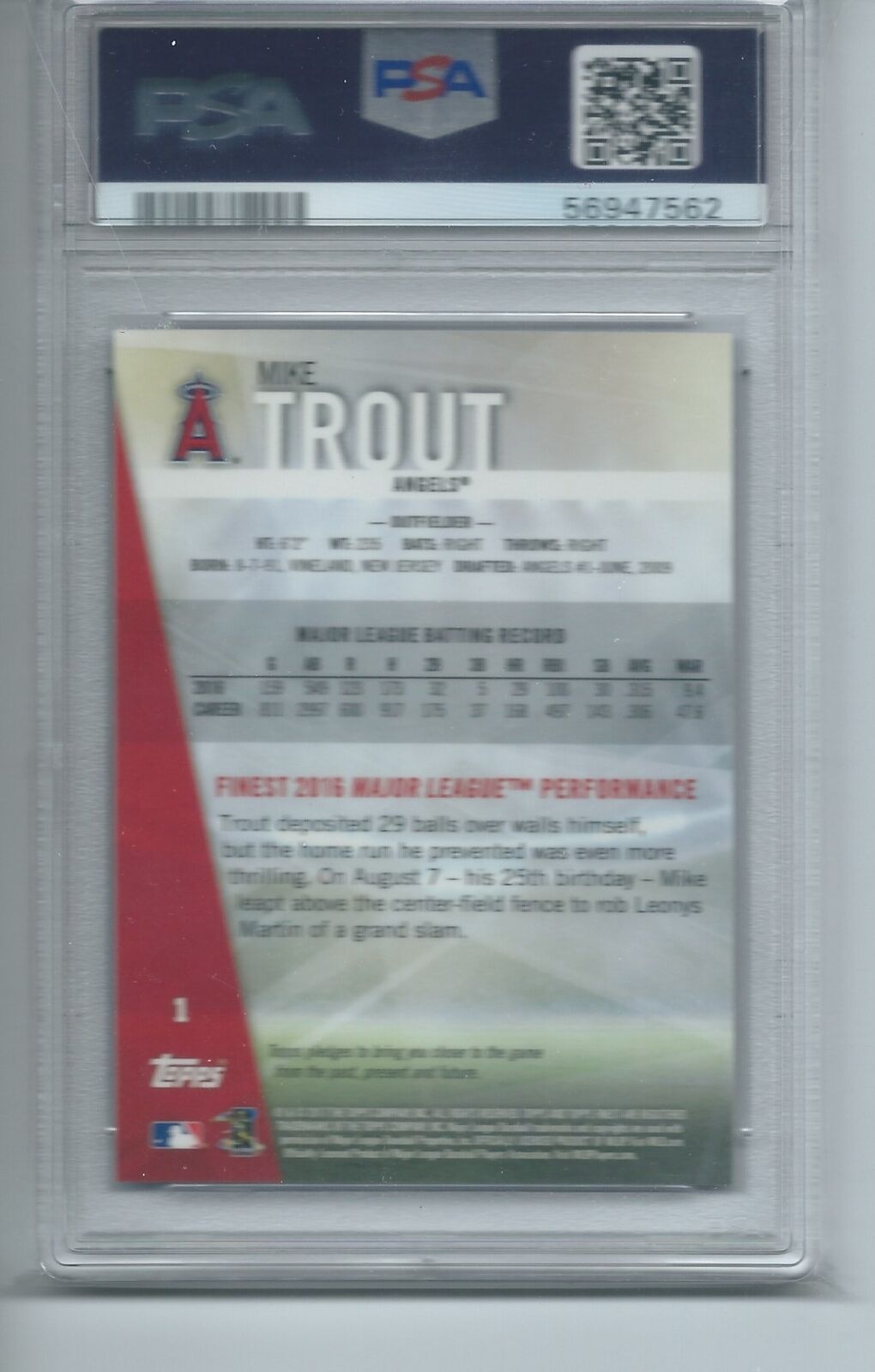 MIKE TROUT 2017 TOPPS FINEST PURPLE REFRACTOR #D 143/250 PSA 10 GEM MINT