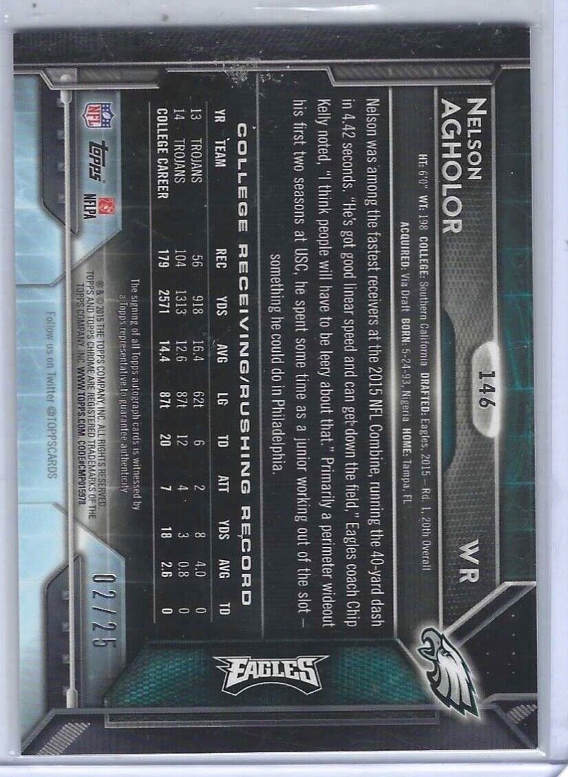 NELSON AGHOLOR 2015 TOPPS CHROME BLACK REFRACTOR ROOKIE AUTO RC #D 02/25