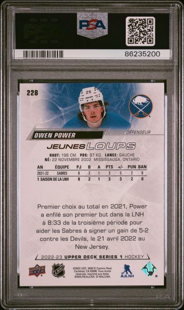 OWEN POWER 2022 UPPER DECK FRENCH JEUNES LOUPS YOUNG GUNS RC SP #228 PSA 10 GEM
