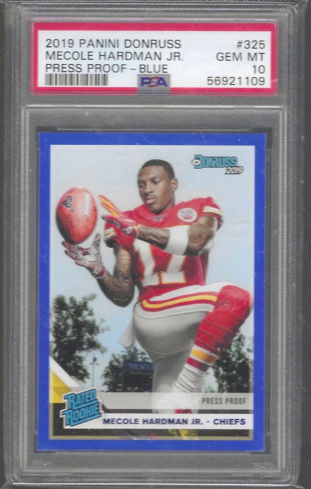 MECOLE HARDMAN JR 2019 PANINI DONRUSS PRESS PROOF BLUE RC PSA 10 GEM MINT POP 2
