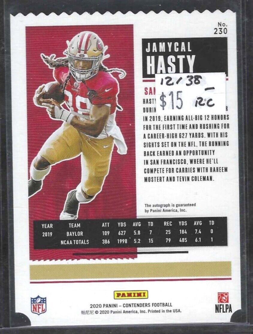 JAMYCAL HASTY 2020 PANINI CONTENDERS DIE CUT TICKET STUB ROOKIE AUTO RC #D 12/38