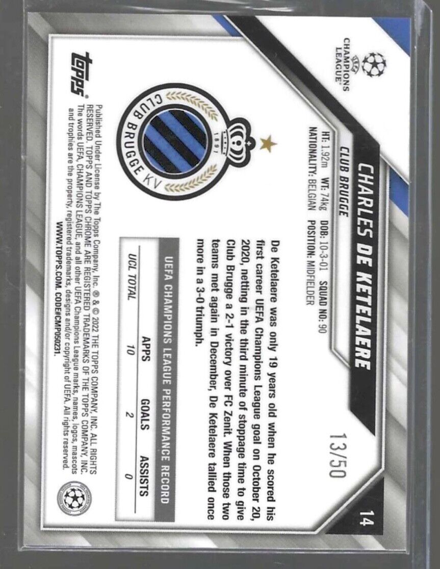 CHARLES DE KETELAERE 2021-22 TOPPS CHROME UCL UEFA GOLD REFRACTOR #D 13/50