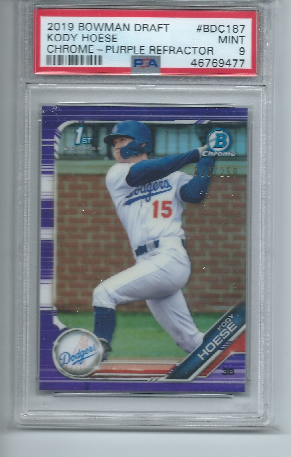 KODY HOESE 2019 BOWMAN CHROME DRAFT PURPLE REFRACTOR 1ST /250 PSA 9 MINT POP 7