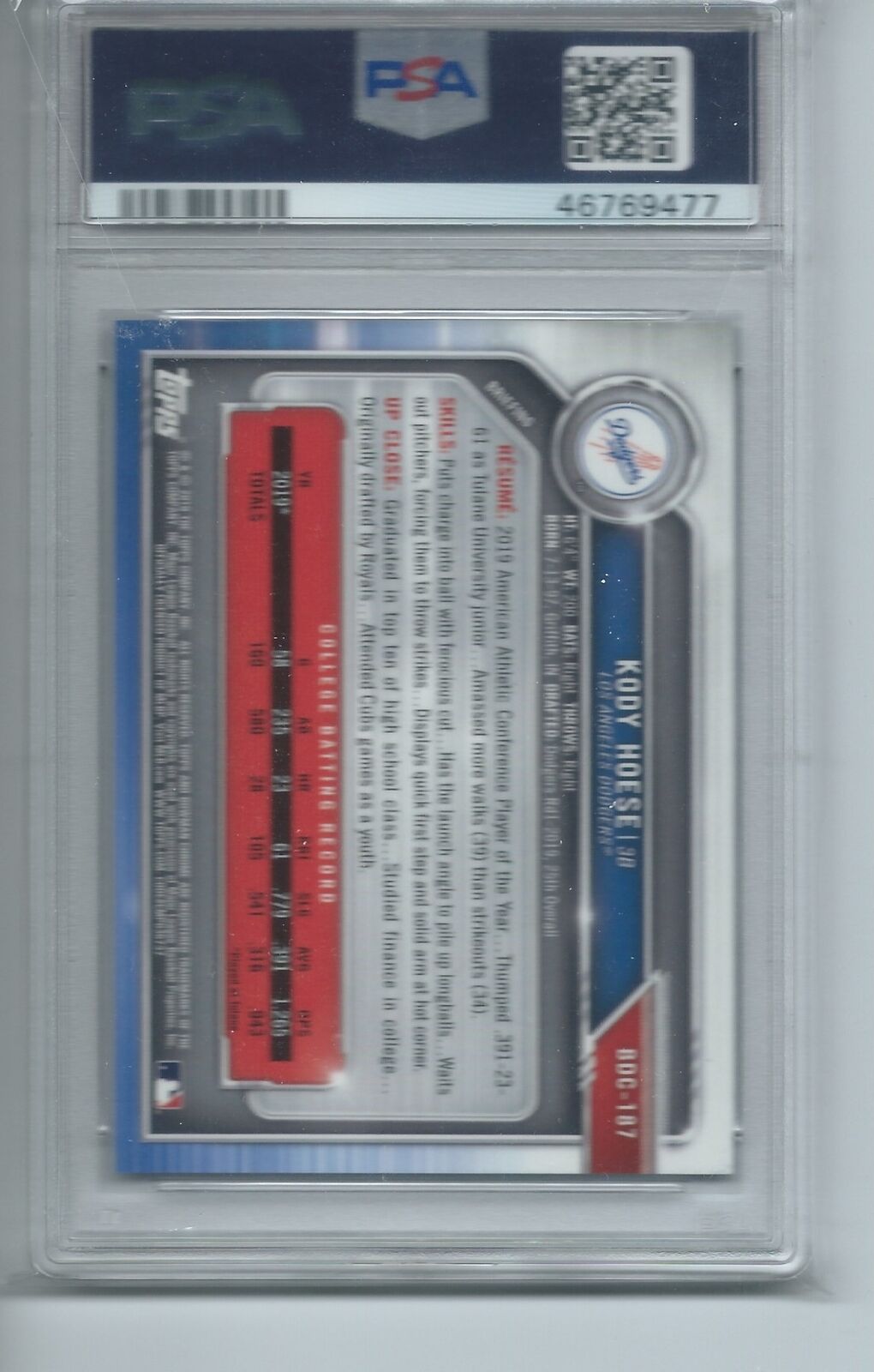 KODY HOESE 2019 BOWMAN CHROME DRAFT PURPLE REFRACTOR 1ST /250 PSA 9 MINT POP 7