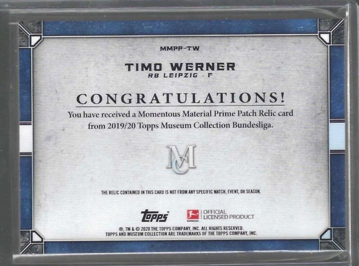 TIMO WERNER 2019-20 TOPPS MUSEUM COLLECTION "BUNDESLIGA" JUMBO PATCH #D 09/10